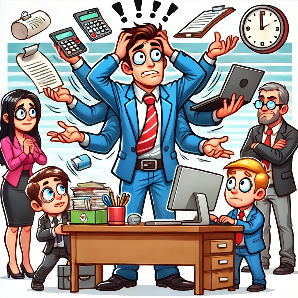 Dall·e 2025 03 18 20.13.13 a cartoon style illustration of a stressed boss juggling multiple tasks at his desk, while his employees stand around watching him with confused or co