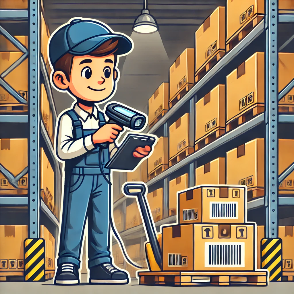 Dall·e 2025 03 18 20.21.26 a cartoon style illustration of a warehouse worker scanning barcodes on boxes with a handheld scanner, ensuring accurate stock records. industrial war