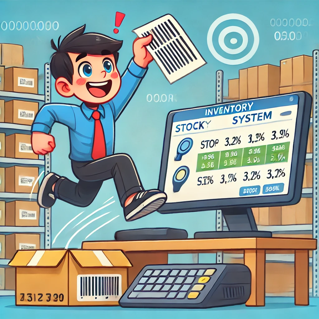 Dall·e 2025 03 20 07.06.12 a cartoon style illustration of a seamless inventory system. a store manager happily scans a barcode while a screen updates stock levels in real time,