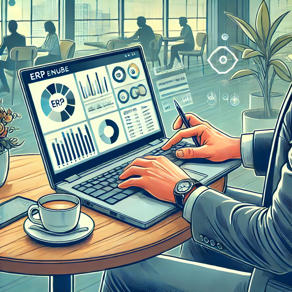 Dall·e 2025 03 21 06.52.35 un trabajador de oficina usando una laptop en un café, conectado a un erp en la nube. en la pantalla se ven gráficos y datos empresariales. estilo car