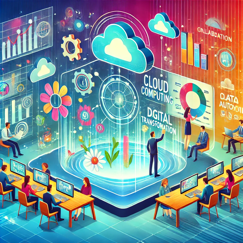 Dall·e 2025 03 23 05.16.35 a colorful cartoon style illustration representing digital transformation. the image features a modern business environment with employees using holog