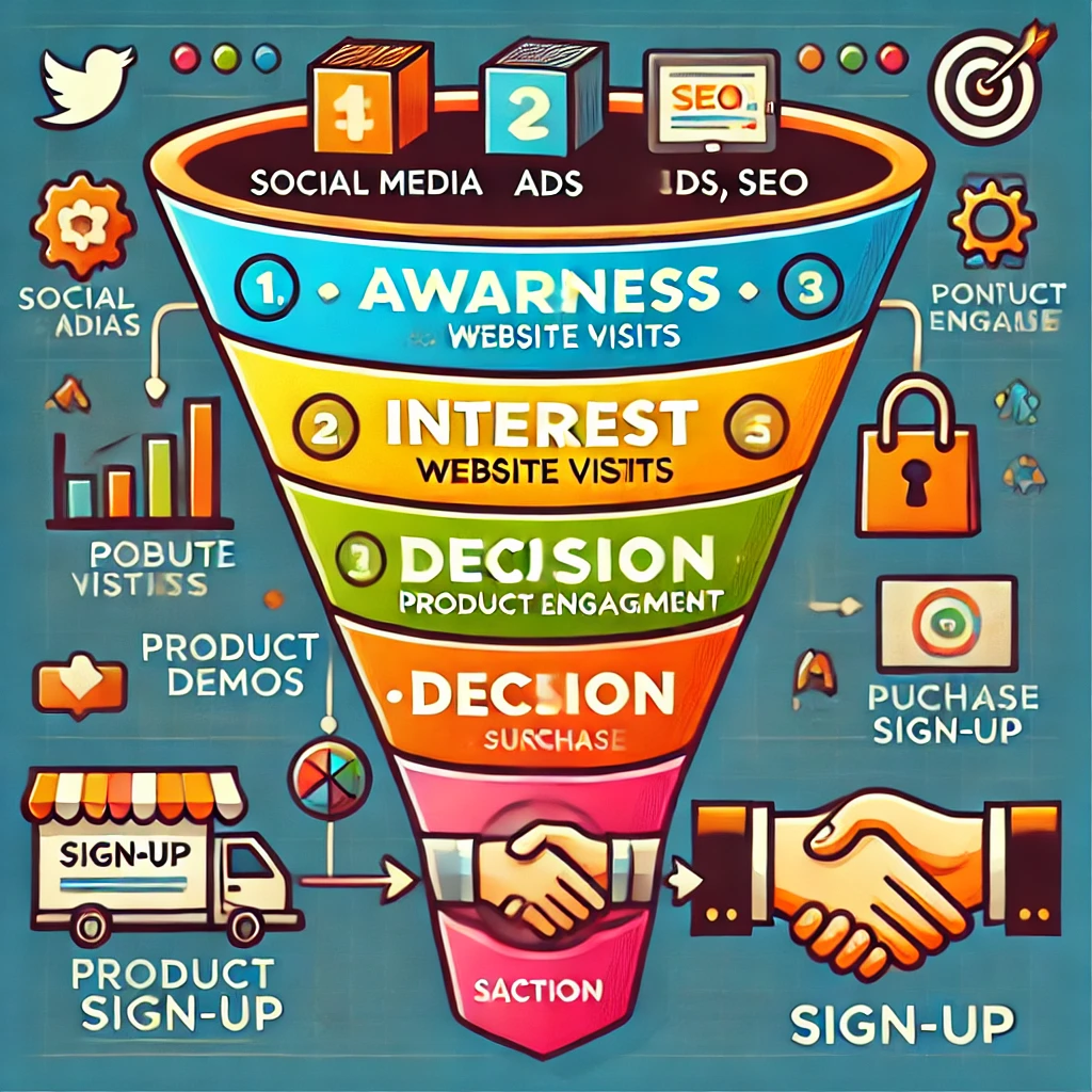 Dall·e 2025 03 24 02.02.57 a modern infographic of a sales funnel. the funnel has four sections labeled 1. awareness (social media, ads, seo), 2. interest (website visits, cont
