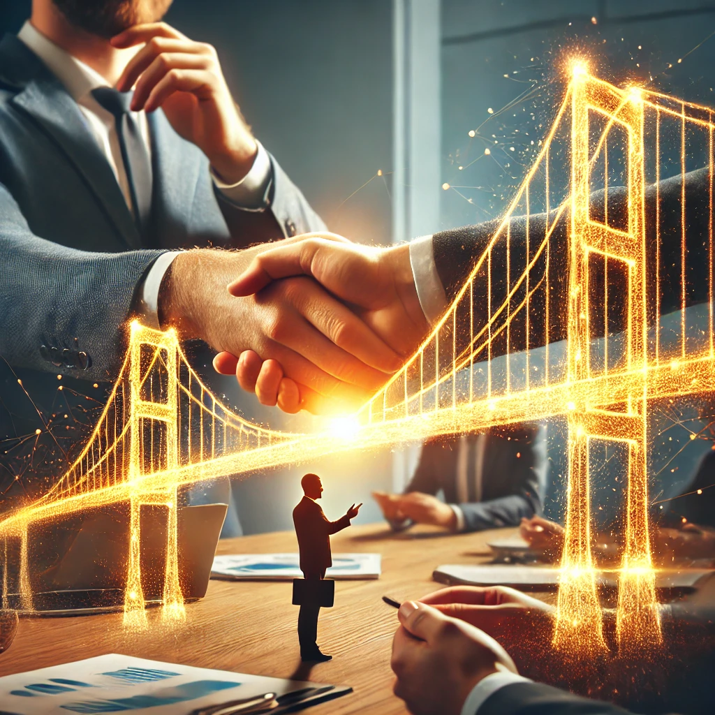 Dall·e 2025 03 25 21.17.07 a modern office setting where two business professionals are negotiating a deal. one person is extending a handshake while the other is considering, w